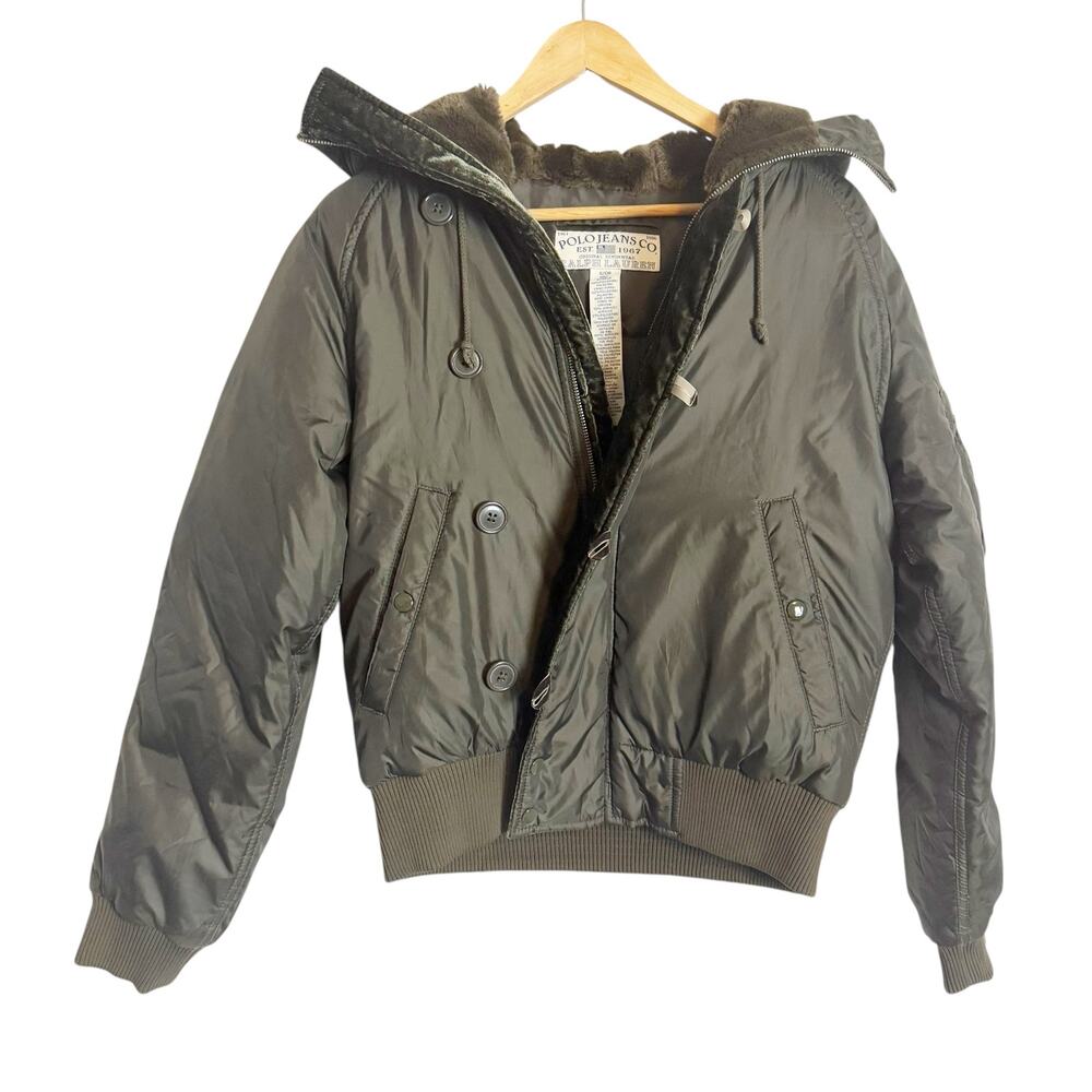Vintage Polo Jeans 90s Y2K Green Hooded Bomber Puffer Jacket Small